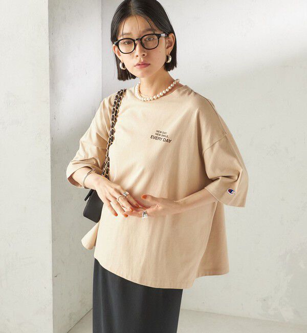 SHIPS for women「【一部WEB限定/ SHIPS別注】Champion: 5分袖 ロゴ プリント TEE」|Tシャツ・カットソー|