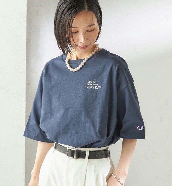 SHIPS for women「【一部WEB限定/ SHIPS別注】Champion: 5分袖 ロゴ プリント TEE」|Tシャツ・カットソー|ネイビー