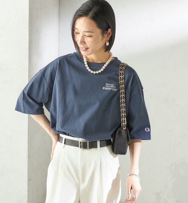 SHIPS for women「【一部WEB限定/ SHIPS別注】Champion: 5分袖 ロゴ プリント TEE」|Tシャツ・カットソー|