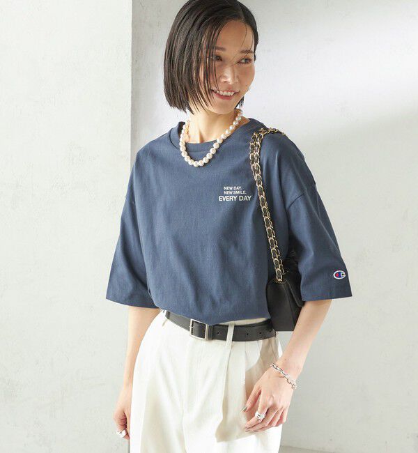 SHIPS for women「【一部WEB限定/ SHIPS別注】Champion: 5分袖 ロゴ プリント TEE」|Tシャツ・カットソー|