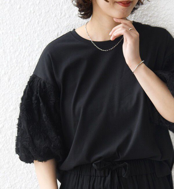 SHIPS for women「【WEB限定】〈接触冷感/UVカット/汗染み防止加工〉FUNCTION 袖 レース プルオーバー」|Tシャツ・カットソー|ブラック