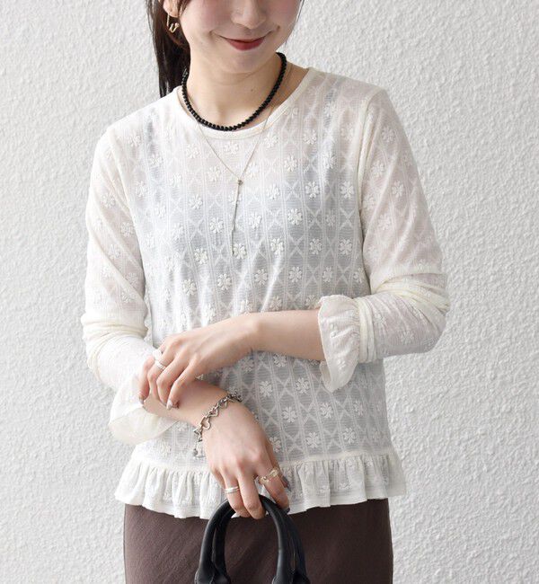 SHIPS any「《予約》SHIPS any:〈洗濯機可能〉フラワー レース ジャカード フリル ヘム プルオーバー」|Tシャツ・カットソー|