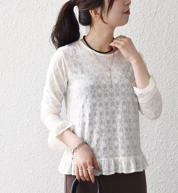 SHIPS any「《予約》SHIPS any:〈洗濯機可能〉フラワー レース ジャカード フリル ヘム プルオーバー」|Tシャツ・カットソー|