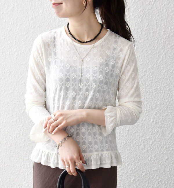 SHIPS any「《予約》SHIPS any:〈洗濯機可能〉フラワー レース ジャカード フリル ヘム プルオーバー」|Tシャツ・カットソー|