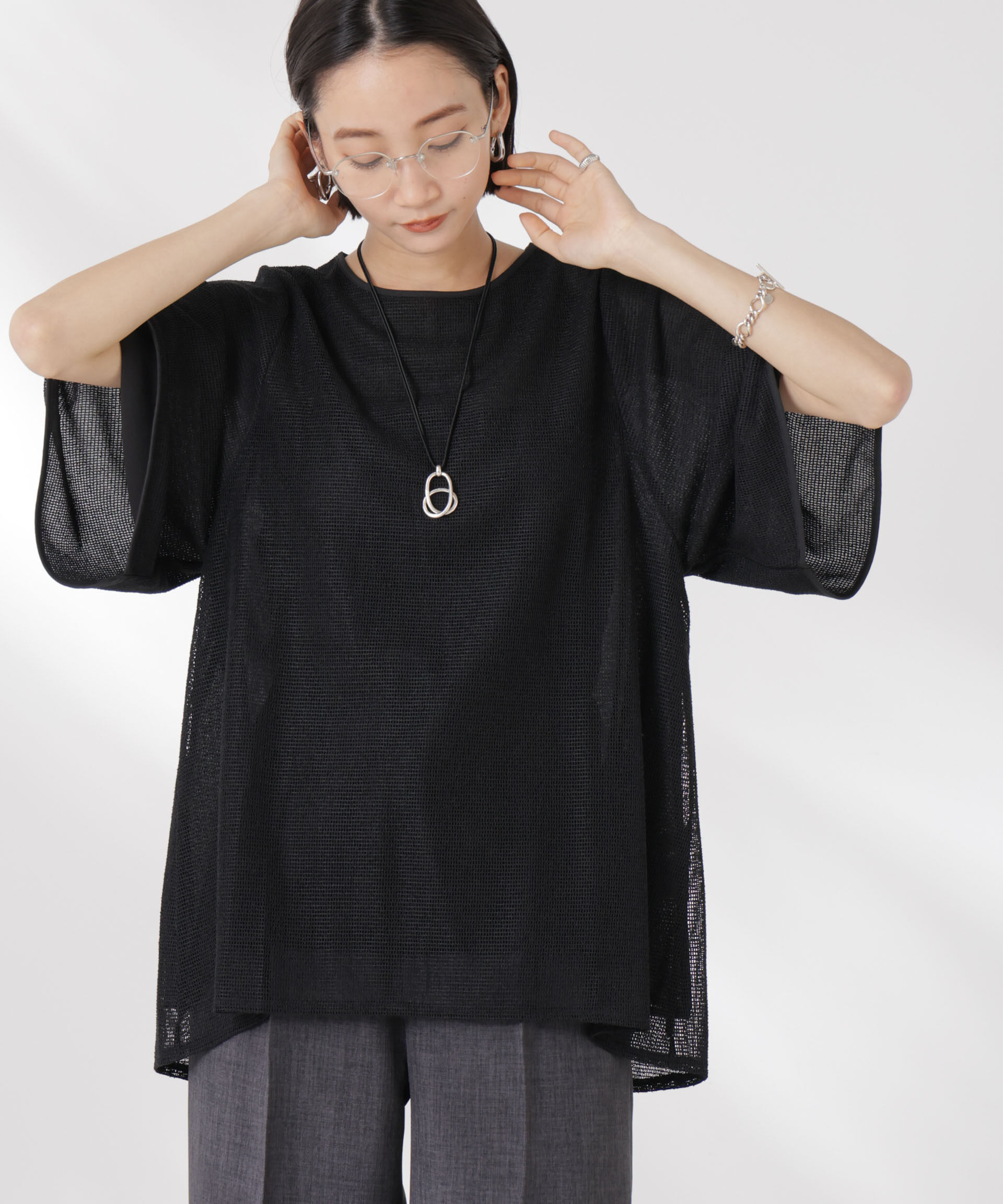 NANO universe「メッシュ&times;シフォンコンビチュニックトップス」|Tシャツ・カットソー|ブラック