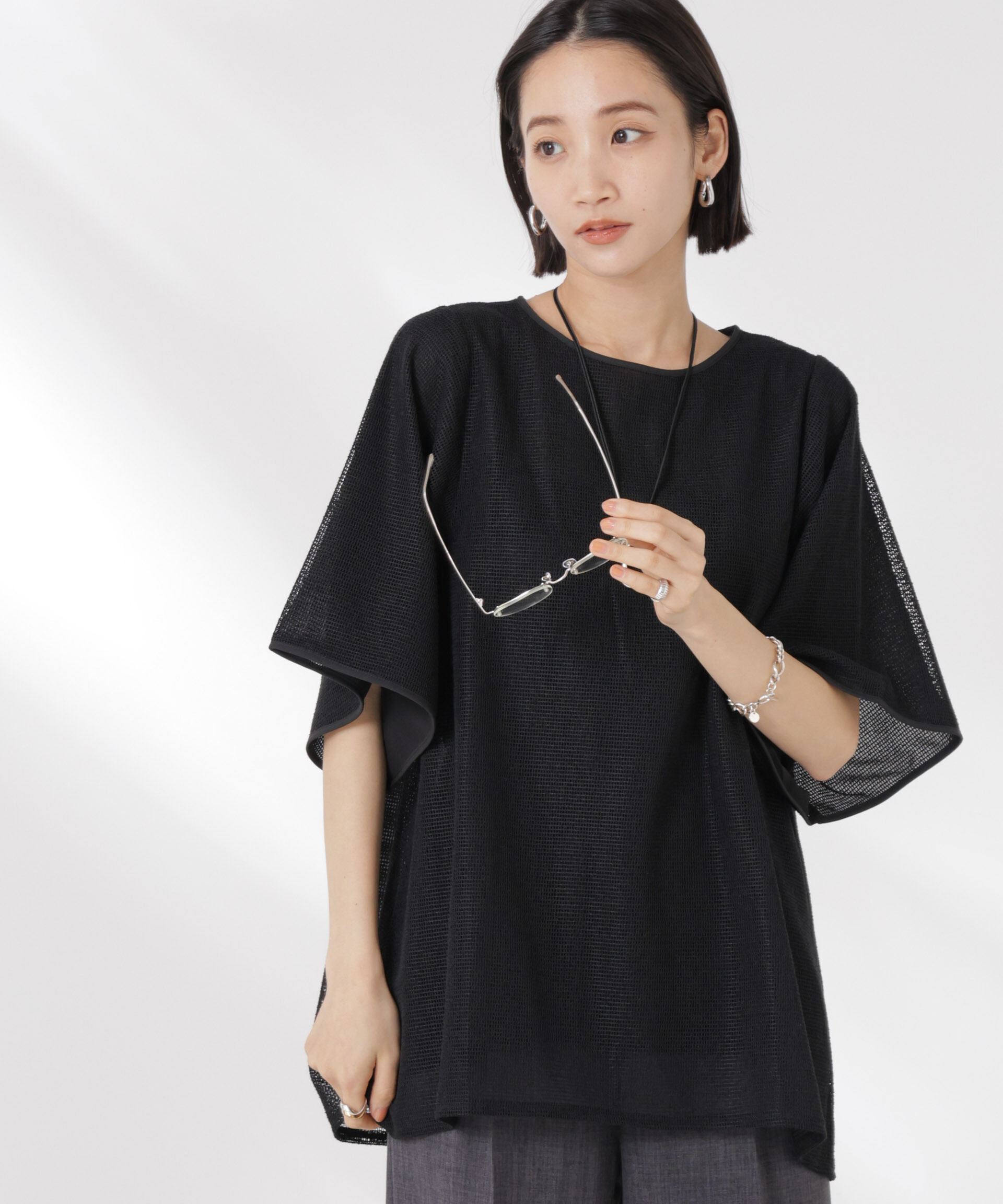 NANO universe「メッシュ&times;シフォンコンビチュニックトップス」|Tシャツ・カットソー|