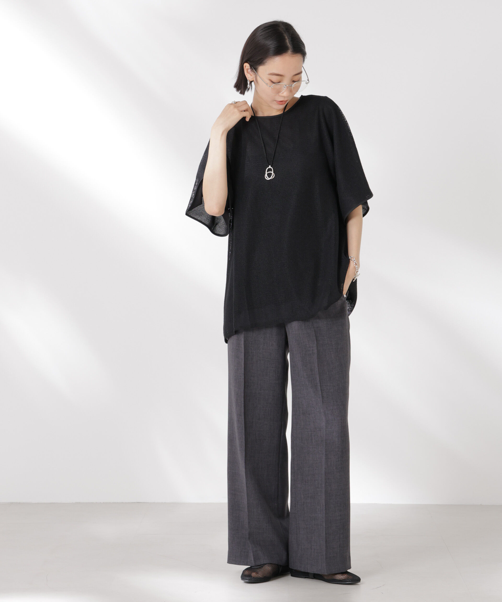 NANO universe「メッシュ&times;シフォンコンビチュニックトップス」|Tシャツ・カットソー|