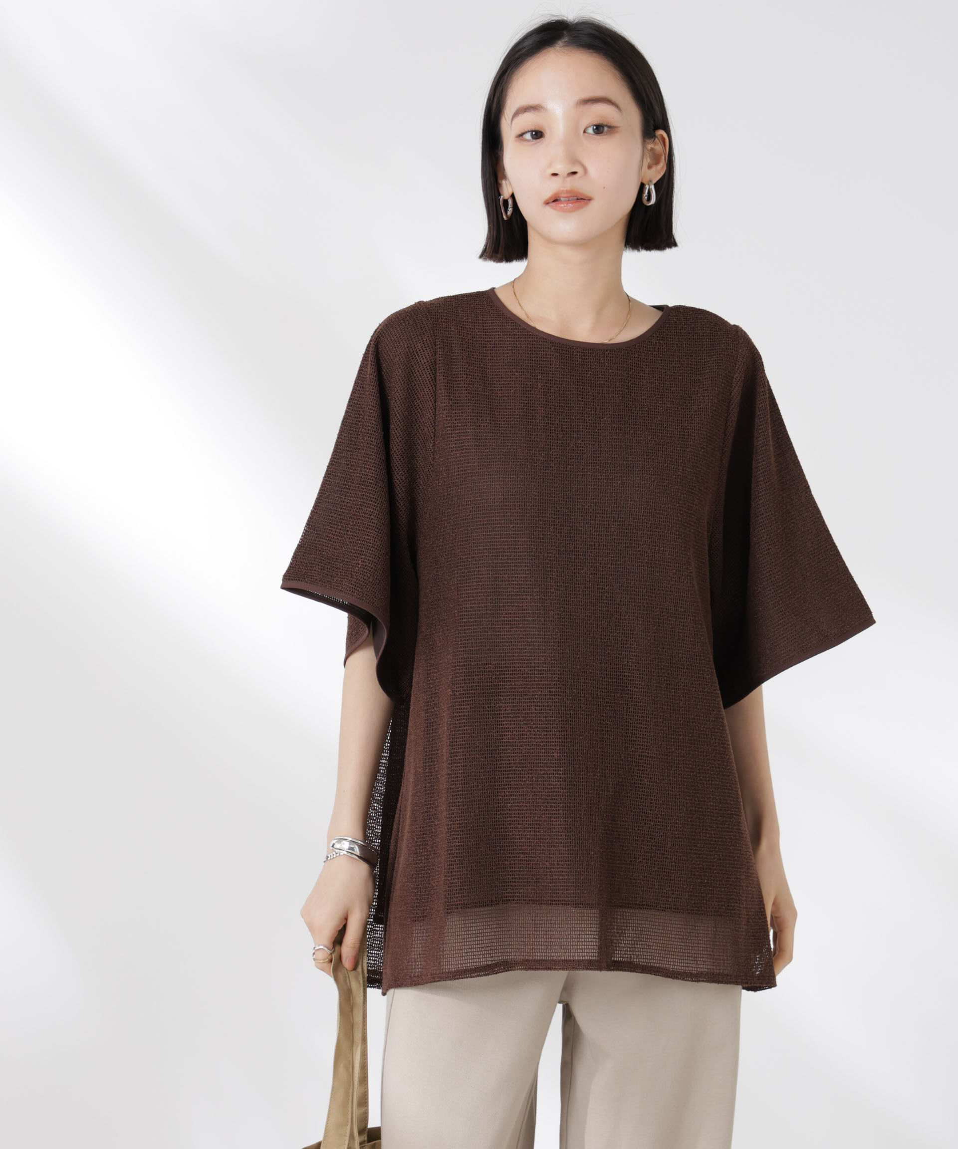 NANO universe「メッシュ&times;シフォンコンビチュニックトップス」|Tシャツ・カットソー|ブラウン