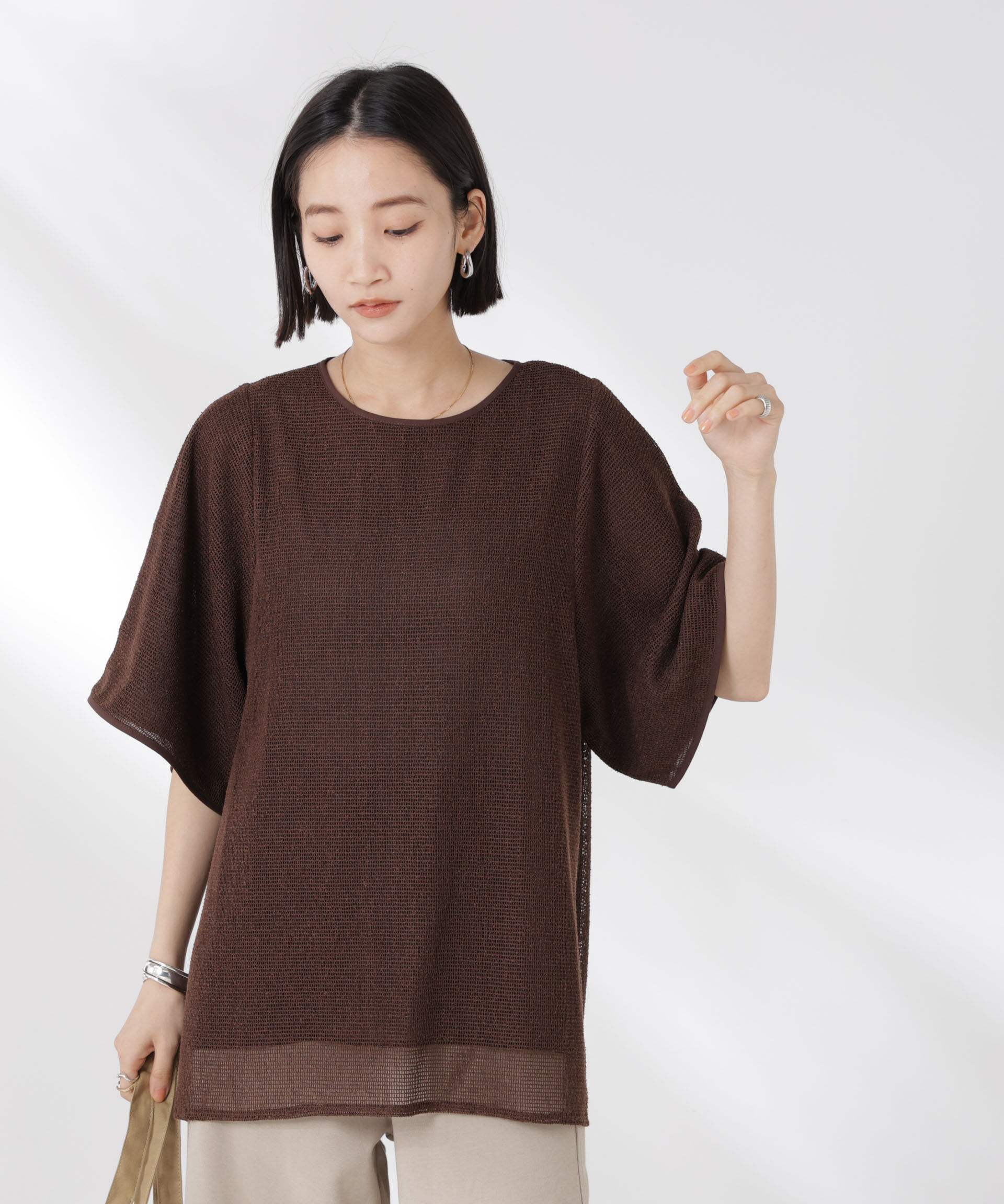 NANO universe「メッシュ&times;シフォンコンビチュニックトップス」|Tシャツ・カットソー|