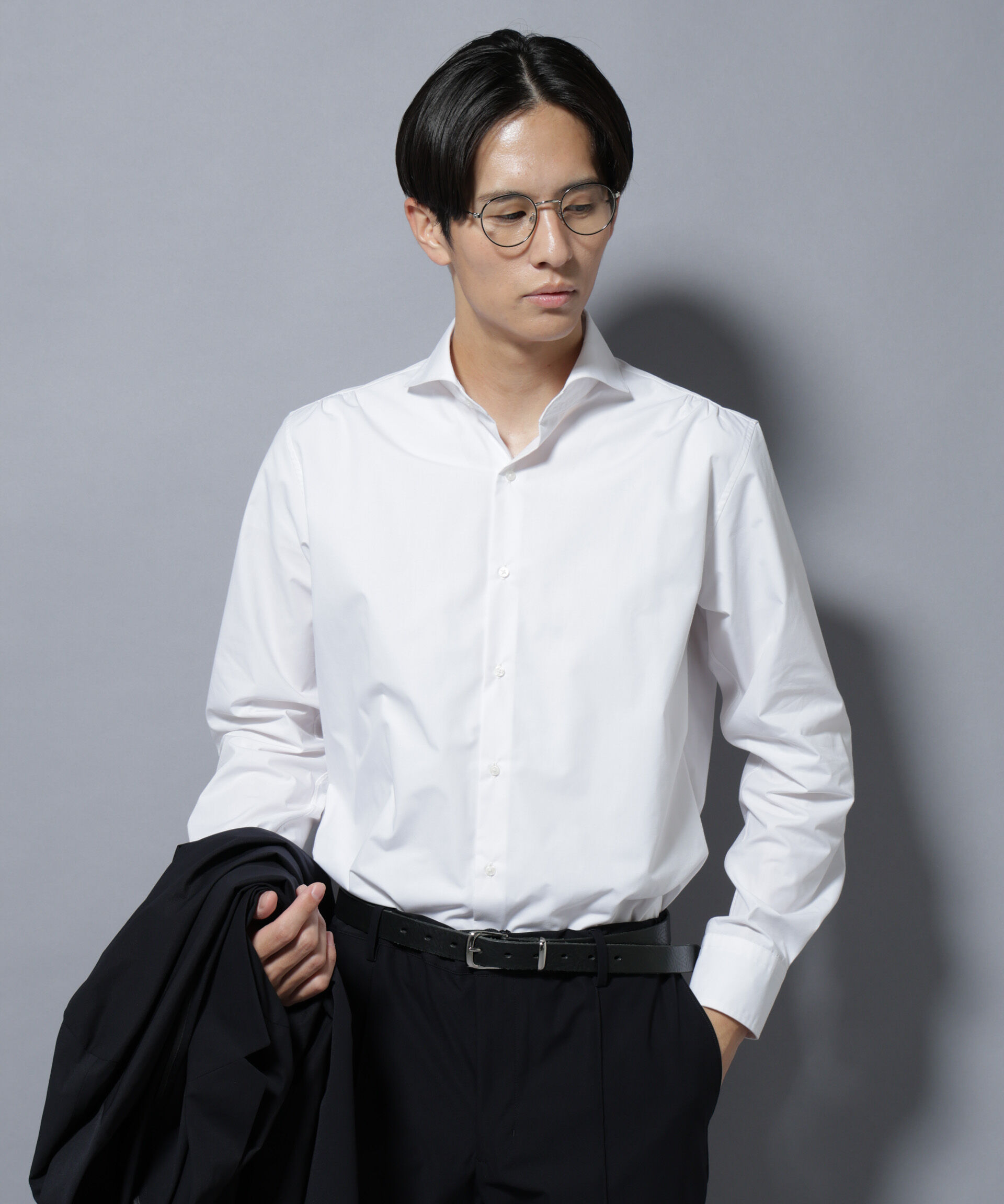 NANO universe「「N shirt」Anti Soaked(R)汗染み防止ホリゾンタルカラーシャツ長袖」|シャツ・ブラウス|ホワイト