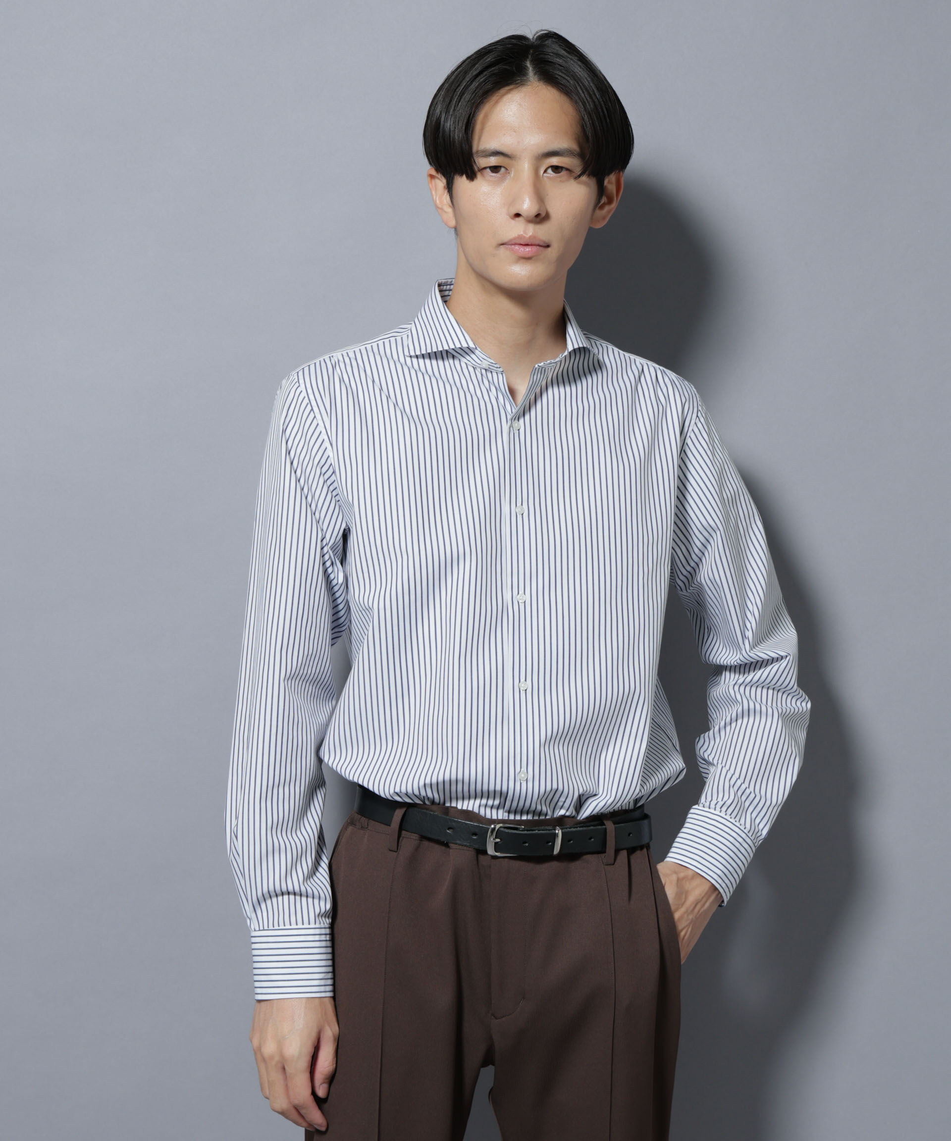 NANO universe「「N shirt」Anti Soaked(R)汗染み防止ホリゾンタルカラーシャツ長袖」|シャツ・ブラウス|