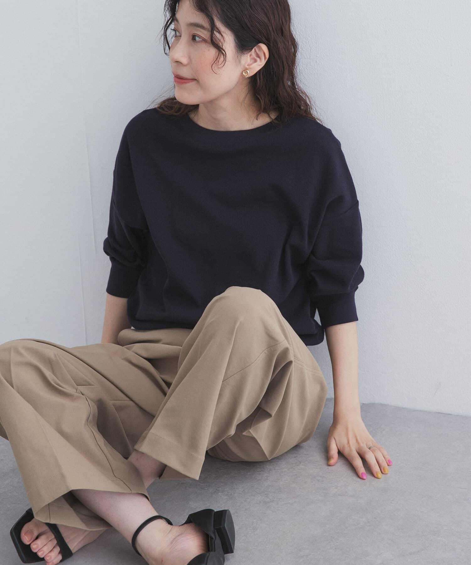 URBAN RESEARCH DOORS「ライトタックフライスハーフスリーブプルオーバー」|Tシャツ・カットソー|ネイビー