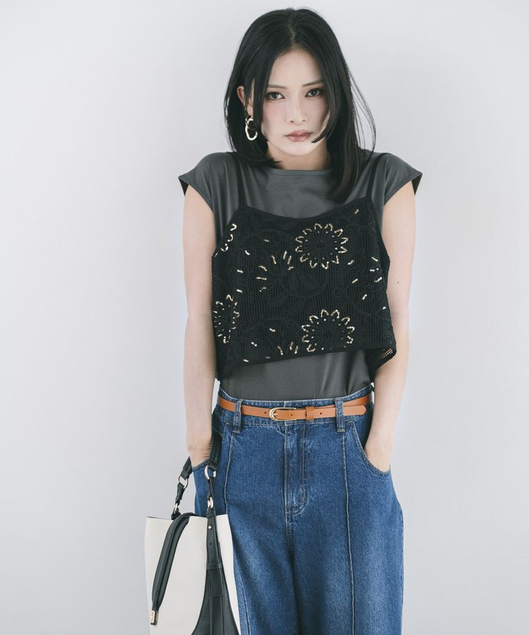 YECCA VECCA「【尾崎紗代子さん着用】<2点SET>刺繍メッシュキャミセットコットンTee」|Tシャツ・カットソー|Black
