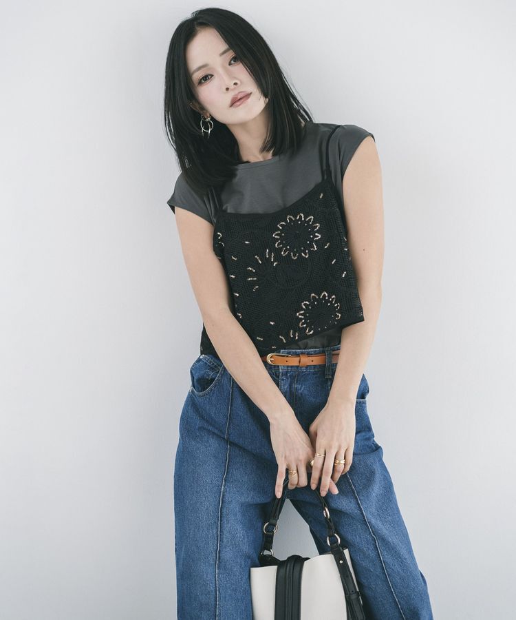 YECCA VECCA「【尾崎紗代子さん着用】<2点SET>刺繍メッシュキャミセットコットンTee」|Tシャツ・カットソー|
