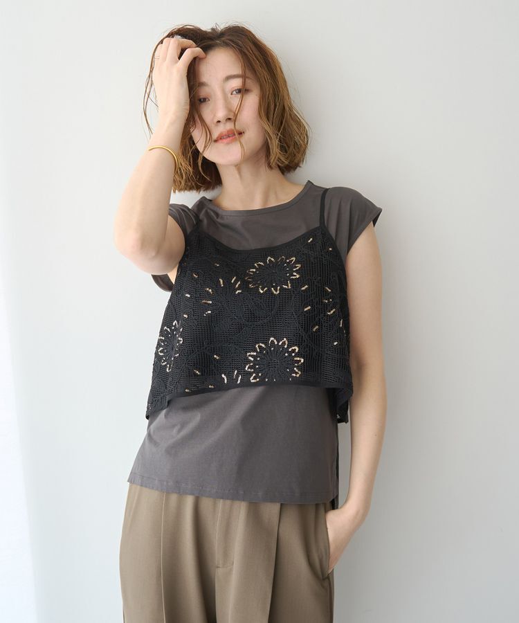 YECCA VECCA「【尾崎紗代子さん着用】<2点SET>刺繍メッシュキャミセットコットンTee」|Tシャツ・カットソー|
