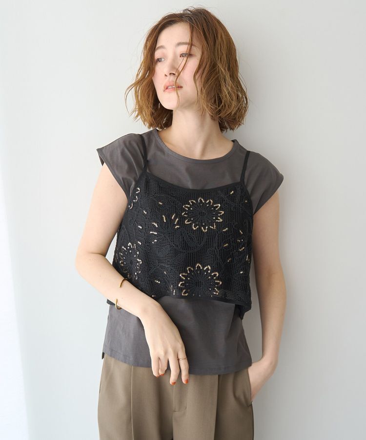 YECCA VECCA「【尾崎紗代子さん着用】<2点SET>刺繍メッシュキャミセットコットンTee」|Tシャツ・カットソー|