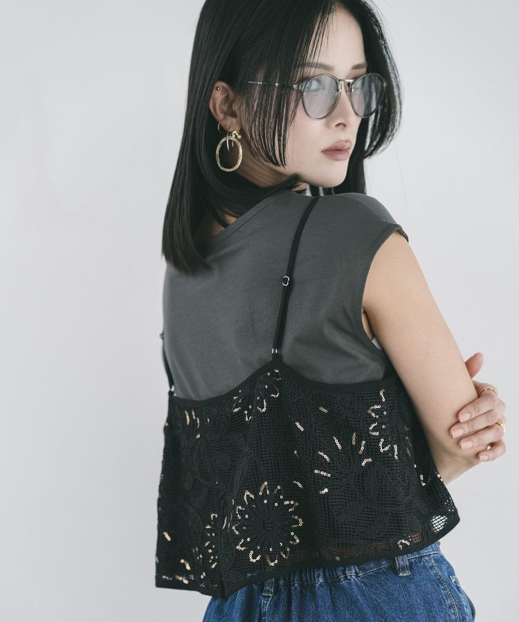 YECCA VECCA「【尾崎紗代子さん着用】<2点SET>刺繍メッシュキャミセットコットンTee」|Tシャツ・カットソー|