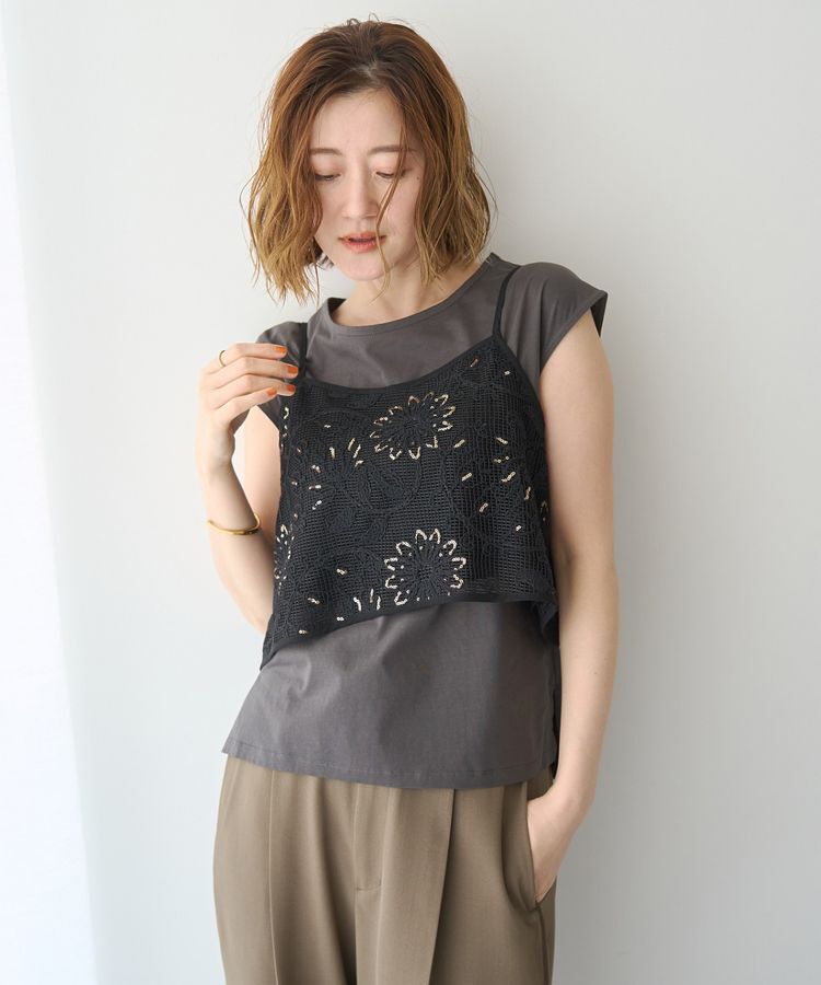 YECCA VECCA「【尾崎紗代子さん着用】<2点SET>刺繍メッシュキャミセットコットンTee」|Tシャツ・カットソー|