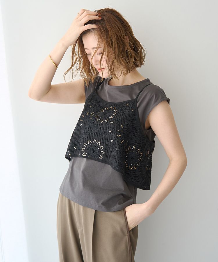 YECCA VECCA「【尾崎紗代子さん着用】<2点SET>刺繍メッシュキャミセットコットンTee」|Tシャツ・カットソー|