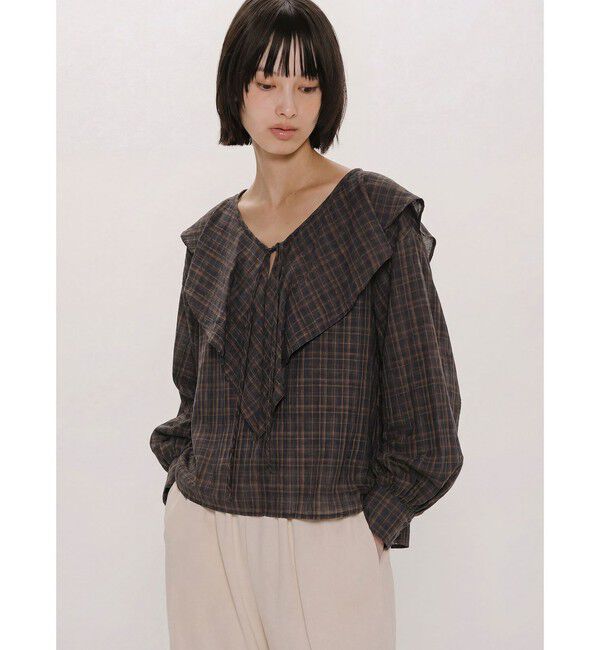 MIDIUMISOLID「MIDIUMISOLID for Ladies チェックビッグフリルカラーブラウス」|シャツ・ブラウス|ブラウン