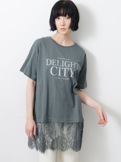 Samansa Mos2「【接触冷感】裾レースロゴプリントチュニック」|Tシャツ・カットソー|オリーブ