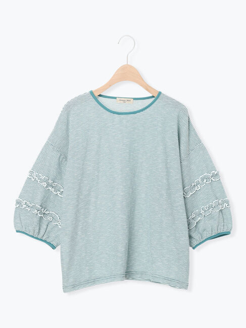 Samansa Mos2「シアーボーダーフリルパフ袖カットソー」|Tシャツ・カットソー|グリーン