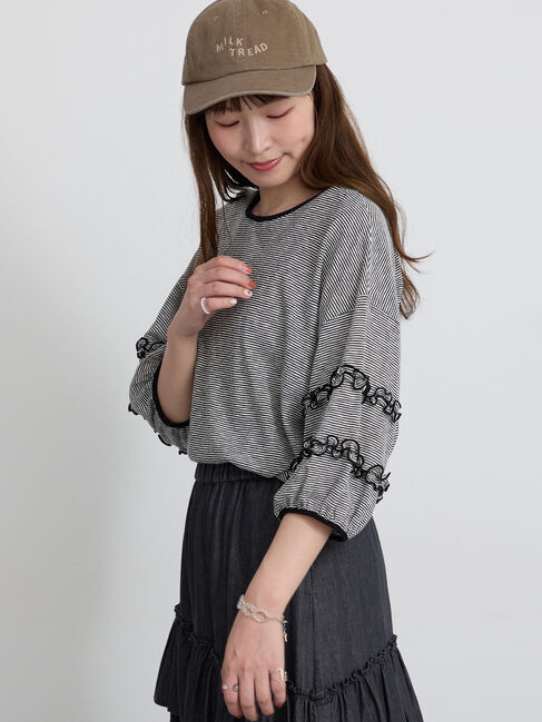 Samansa Mos2「シアーボーダーフリルパフ袖カットソー」|Tシャツ・カットソー|