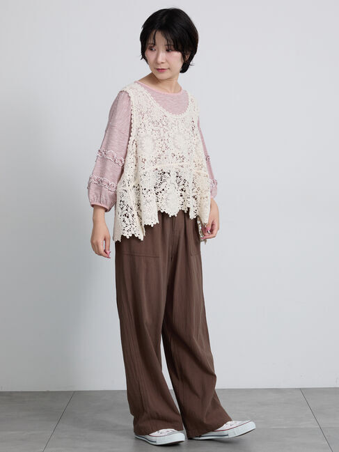 Samansa Mos2「シアーボーダーフリルパフ袖カットソー」|Tシャツ・カットソー|