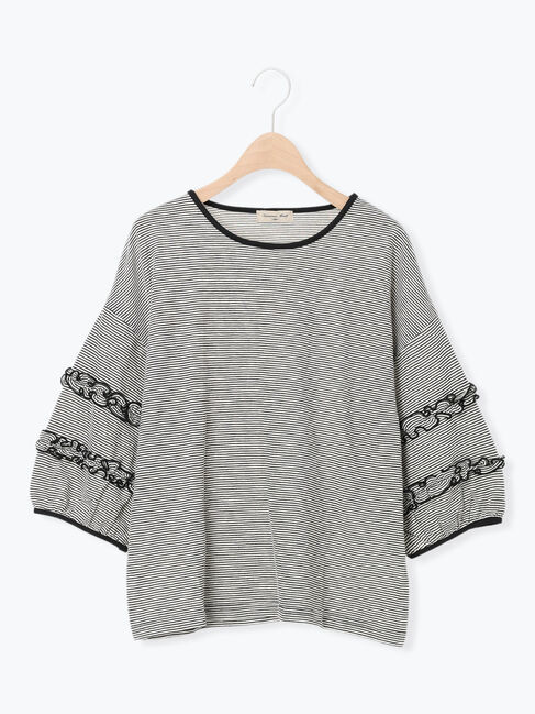 Samansa Mos2「シアーボーダーフリルパフ袖カットソー」|Tシャツ・カットソー|