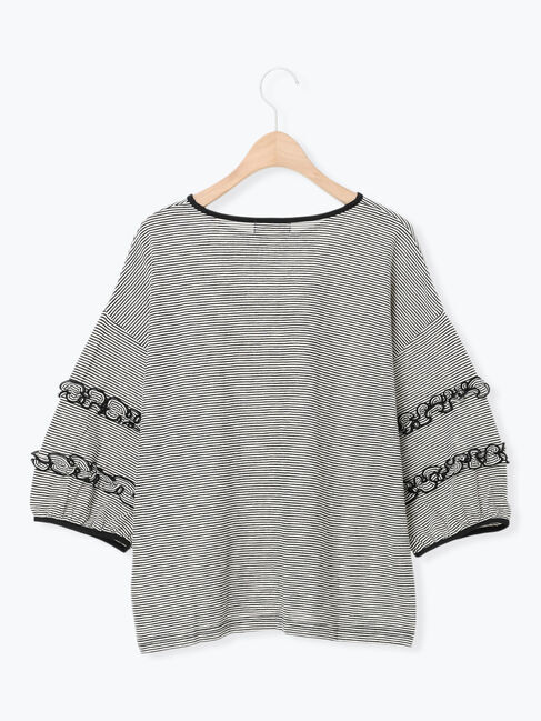 Samansa Mos2「シアーボーダーフリルパフ袖カットソー」|Tシャツ・カットソー|