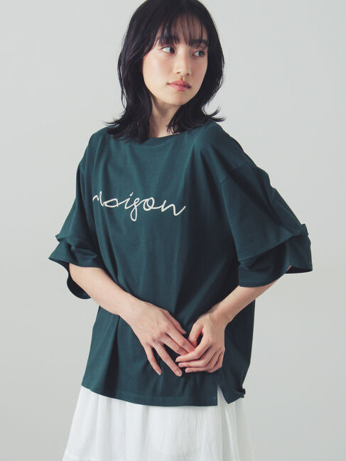 Samansa Mos2「袖タックゆるロゴプリントカットソー」|Tシャツ・カットソー|