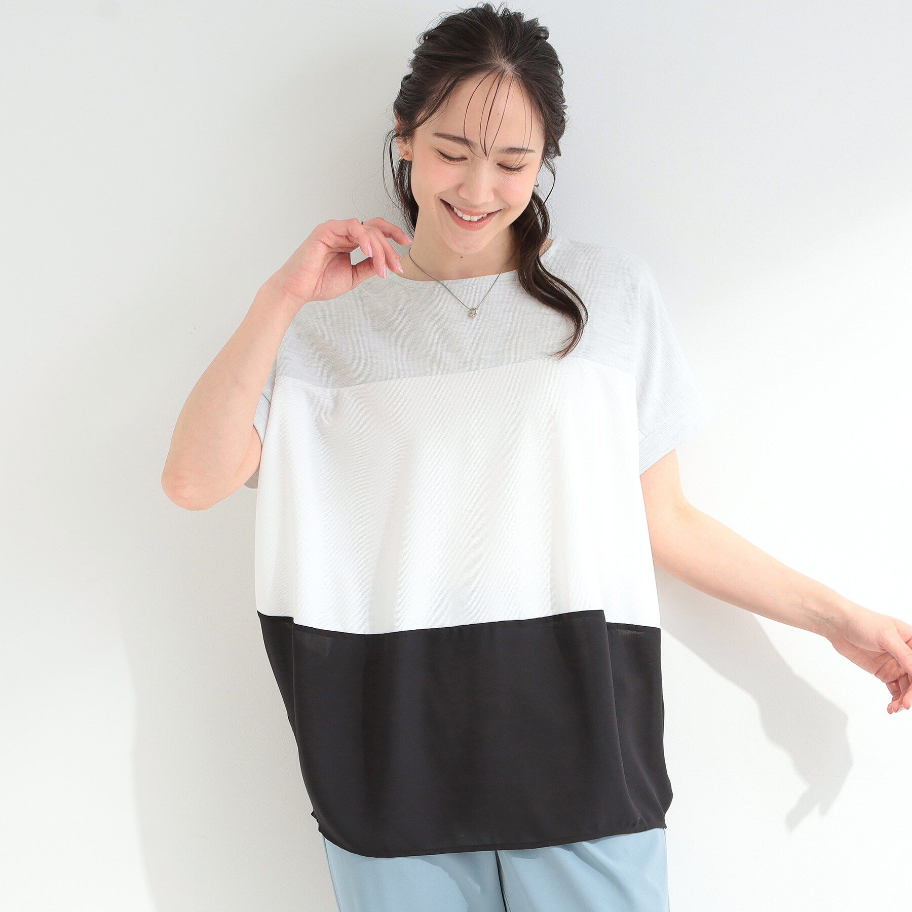 SHOO･LA･RUE「【S-LL/洗濯機可/体型カバー】インせず着られる 異素材ブロッキング ドルマンＴシャツ」|Tシャツ・カットソー|