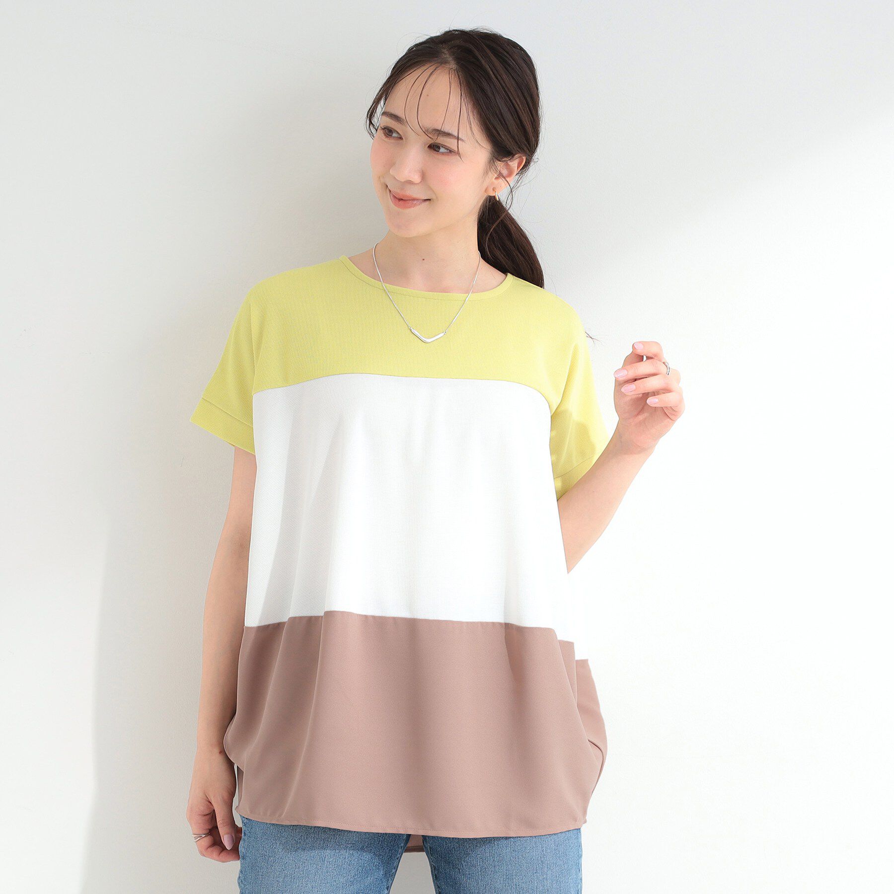 SHOO･LA･RUE「【S-LL/洗濯機可/体型カバー】インせず着られる 異素材ブロッキング ドルマンＴシャツ」|Tシャツ・カットソー|