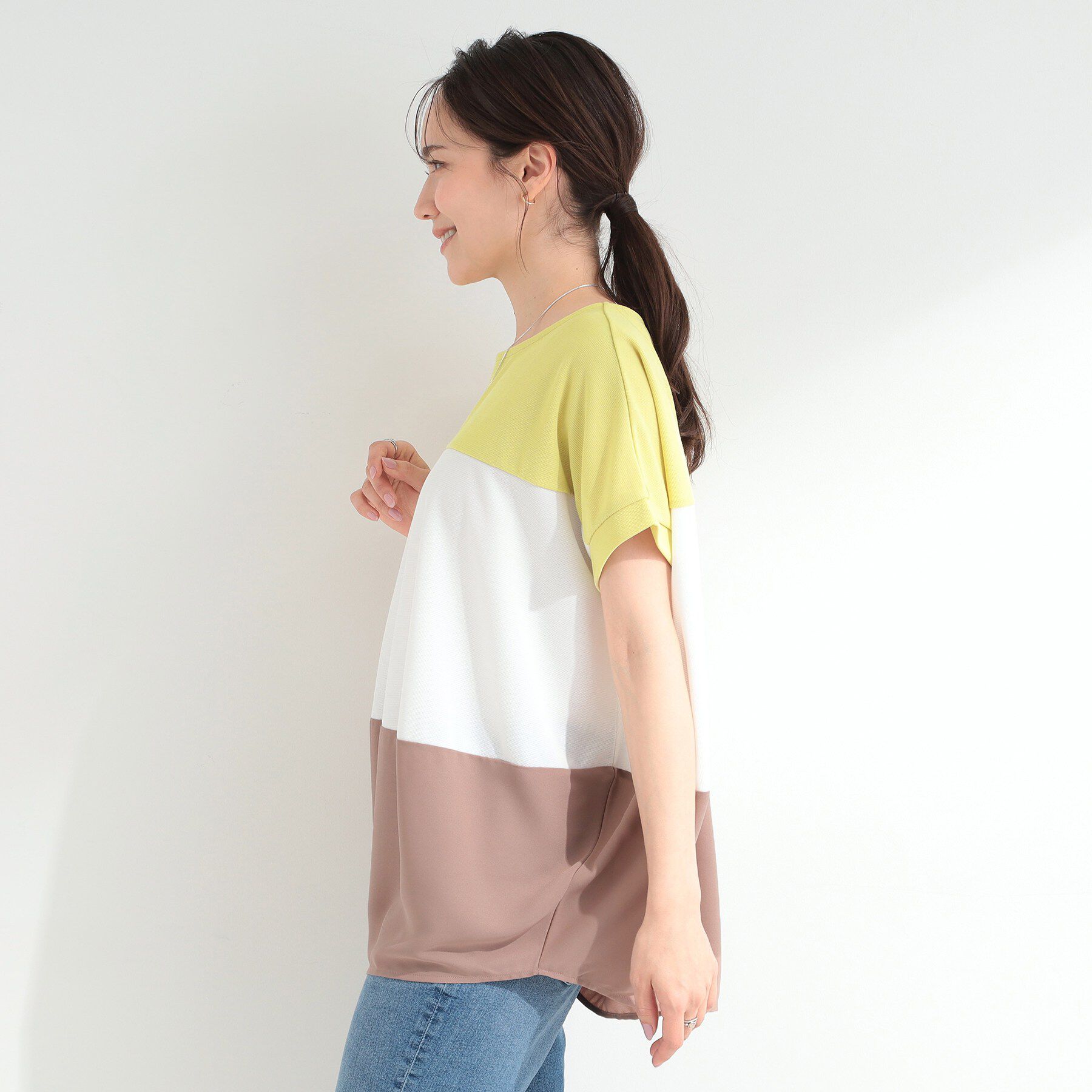 SHOO･LA･RUE「【S-LL/洗濯機可/体型カバー】インせず着られる 異素材ブロッキング ドルマンＴシャツ」|Tシャツ・カットソー|