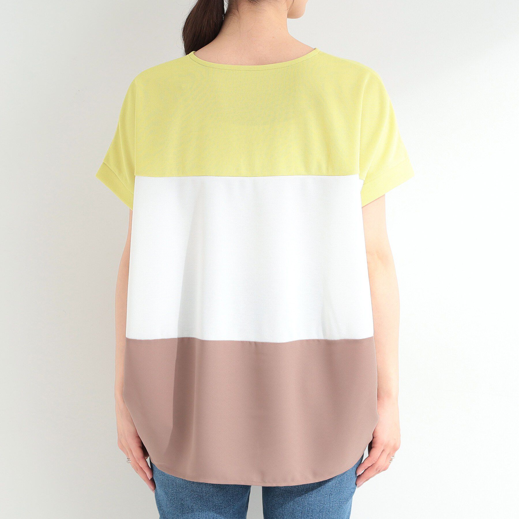 SHOO･LA･RUE「【S-LL/洗濯機可/体型カバー】インせず着られる 異素材ブロッキング ドルマンＴシャツ」|Tシャツ・カットソー|