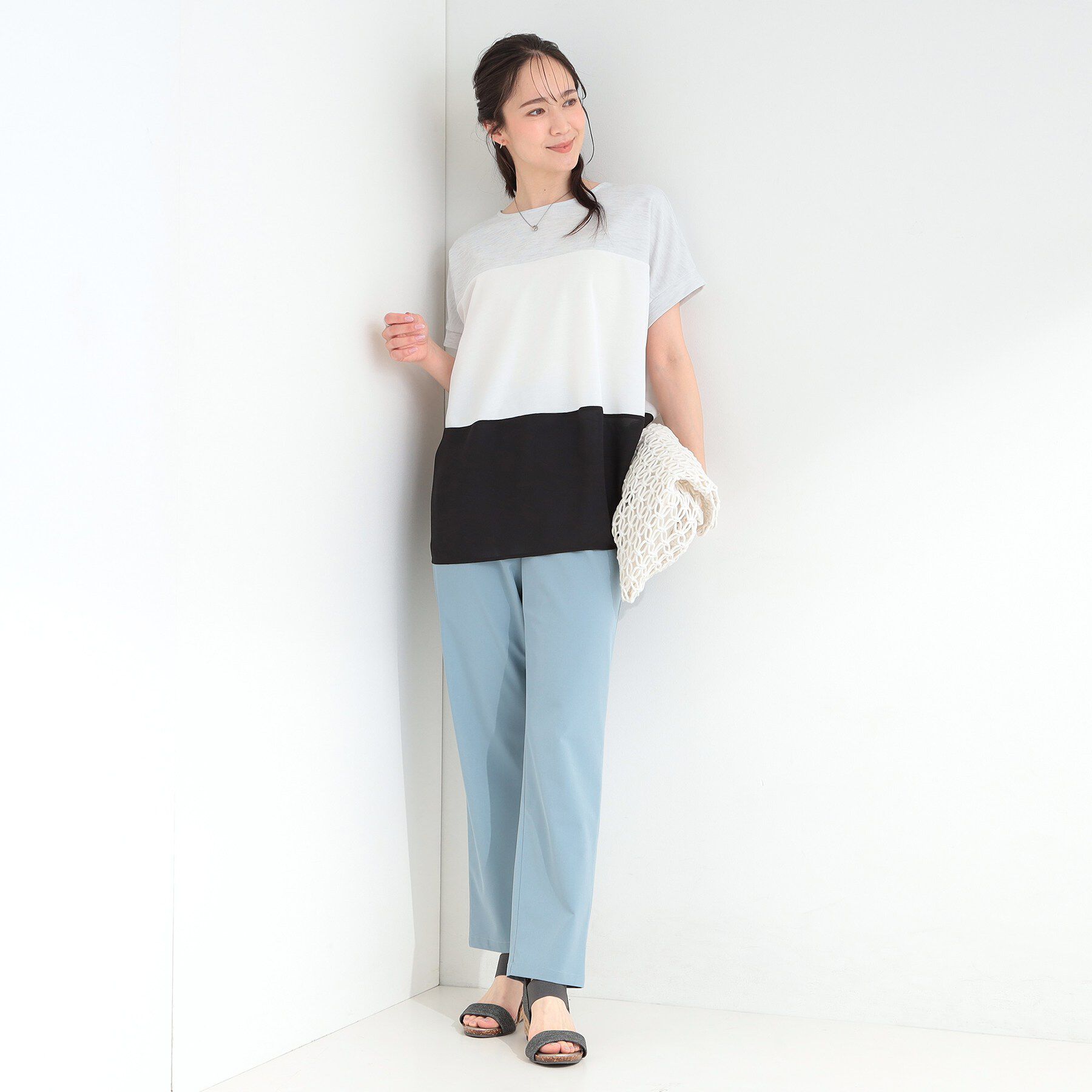 SHOO･LA･RUE「【S-LL/洗濯機可/体型カバー】インせず着られる 異素材ブロッキング ドルマンＴシャツ」|Tシャツ・カットソー|