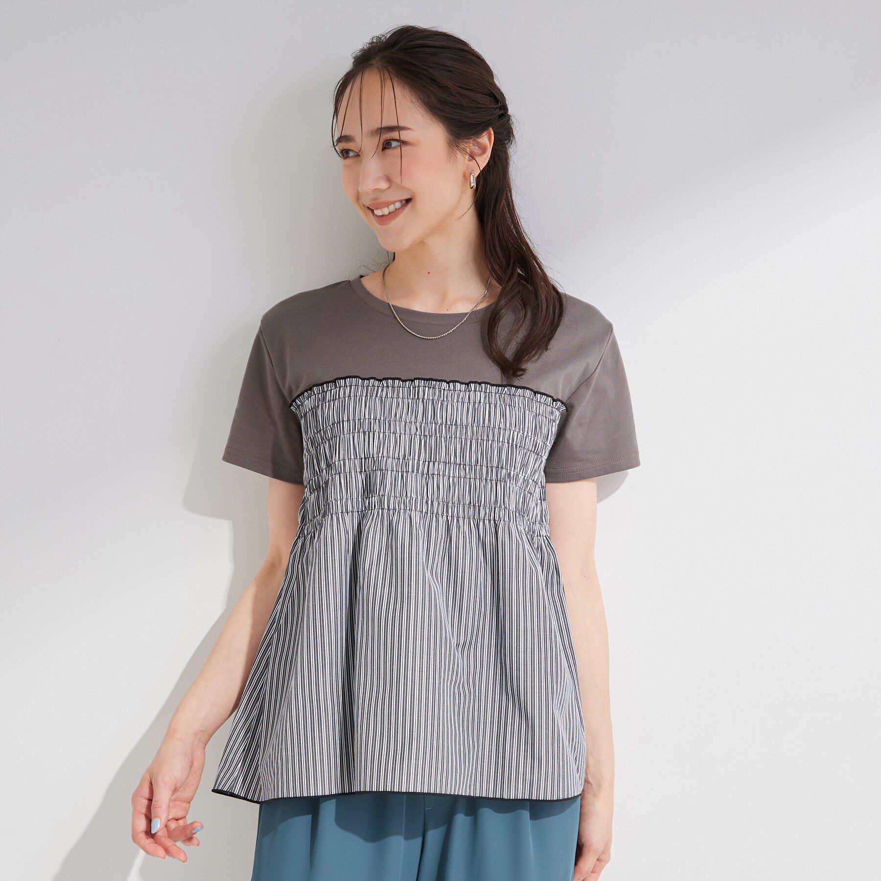 SHOO･LA･RUE「【S-LL/洗濯機可/体型カバー】インせずサマ見え ビスチェ風異素材ドッキングTシャツ」|Tシャツ・カットソー|