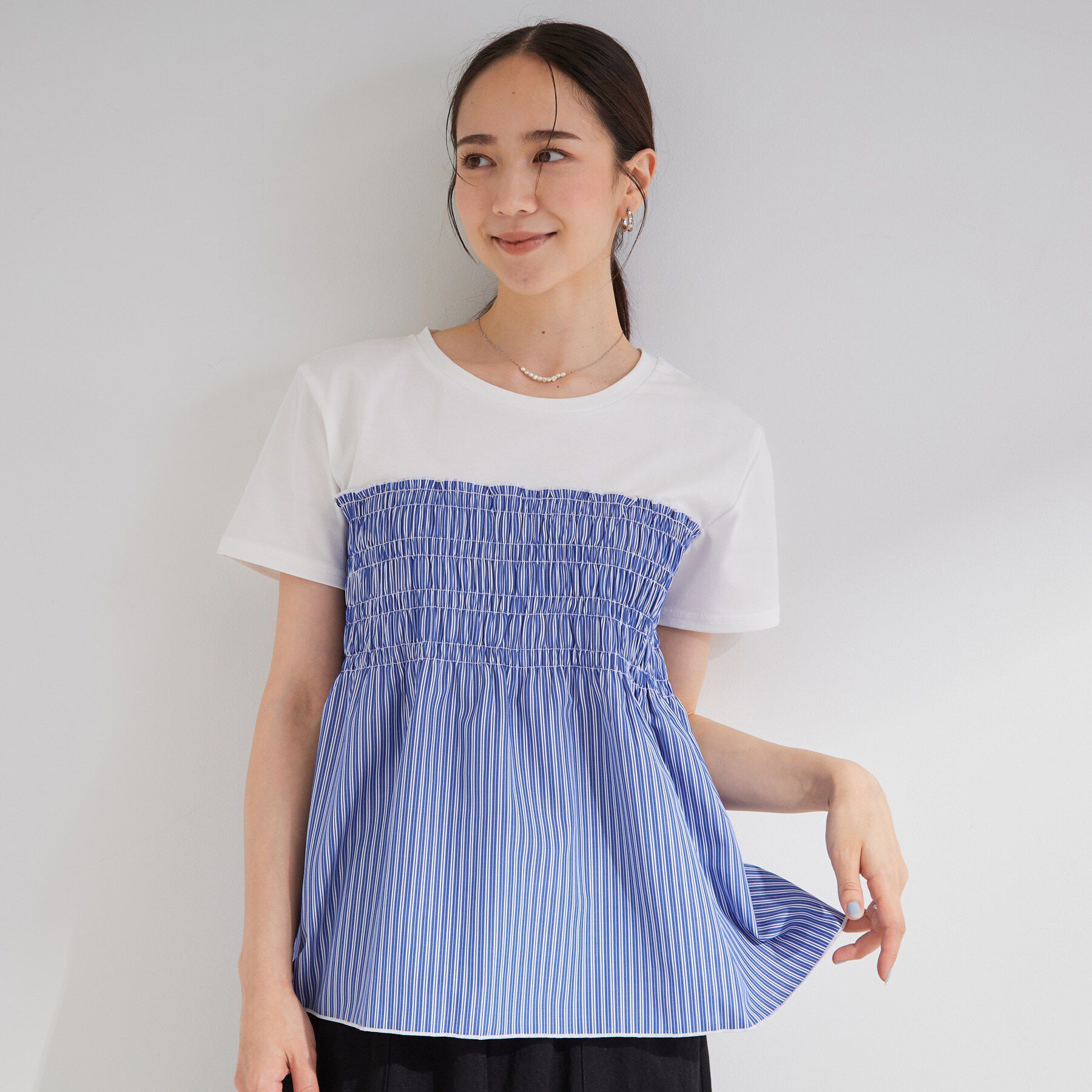 SHOO･LA･RUE「【S-LL/洗濯機可/体型カバー】インせずサマ見え ビスチェ風異素材ドッキングTシャツ」|Tシャツ・カットソー|