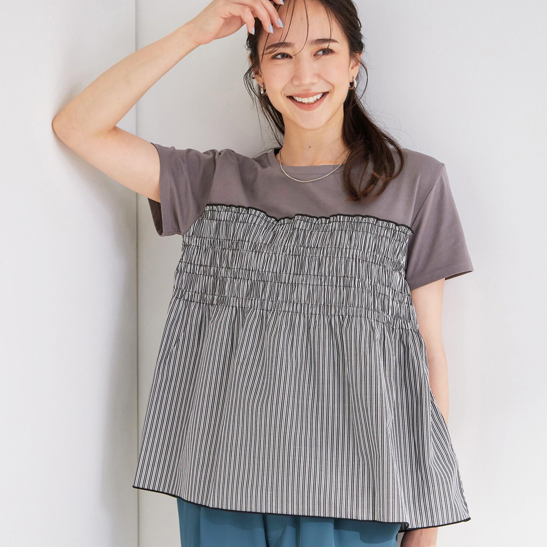 SHOO･LA･RUE「【S-LL/洗濯機可/体型カバー】インせずサマ見え ビスチェ風異素材ドッキングTシャツ」|Tシャツ・カットソー|ブラック(319)