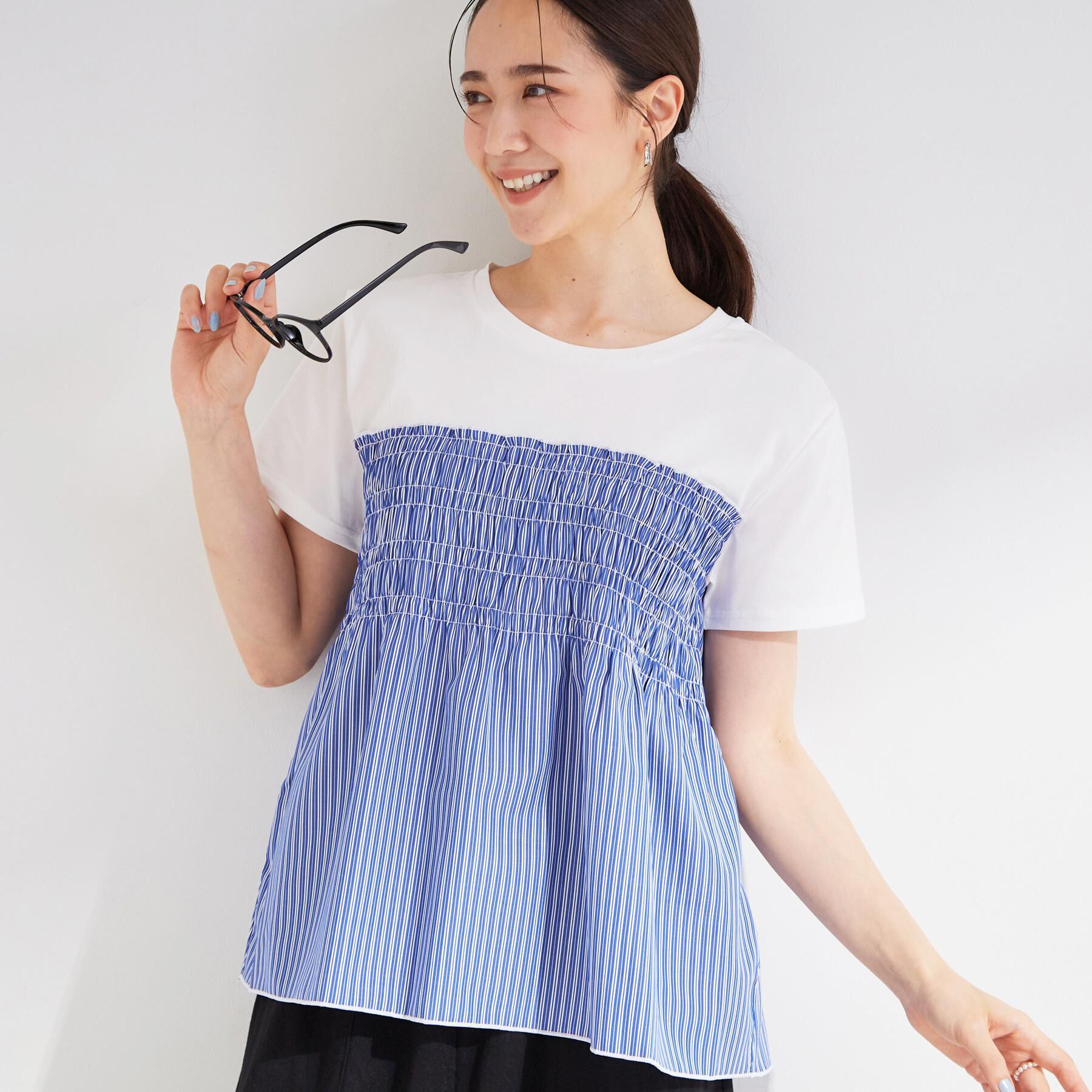 SHOO･LA･RUE「【S-LL/洗濯機可/体型カバー】インせずサマ見え ビスチェ風異素材ドッキングTシャツ」|Tシャツ・カットソー|ブルー(392)