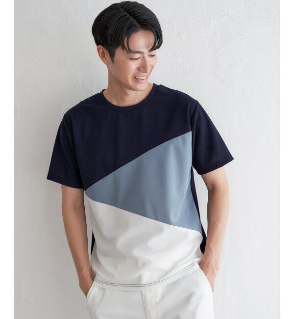 ikka「【接触冷感／吸水速乾】マルチファンクション斜め切り替えTシャツ」|Tシャツ・カットソー|ネイビーブルー