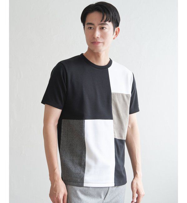 ikka「ブロックスCHスエード切り替えTシャツ」|Tシャツ・カットソー|ブラック