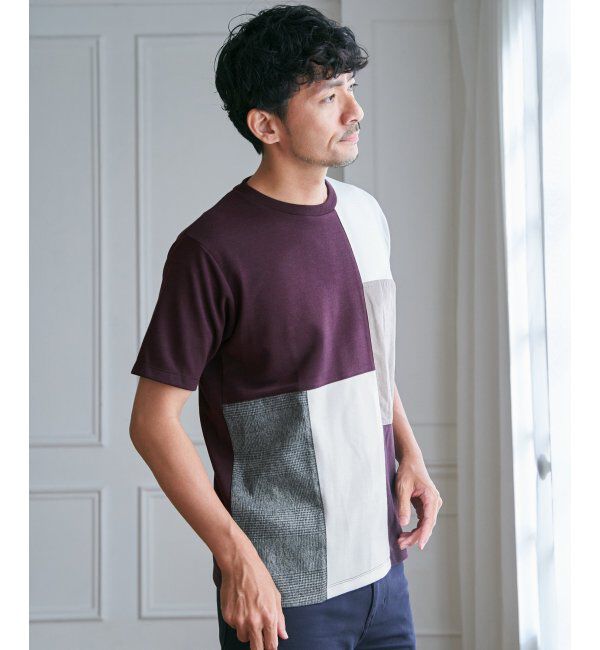 ikka「ブロックスCHスエード切り替えTシャツ」|Tシャツ・カットソー|