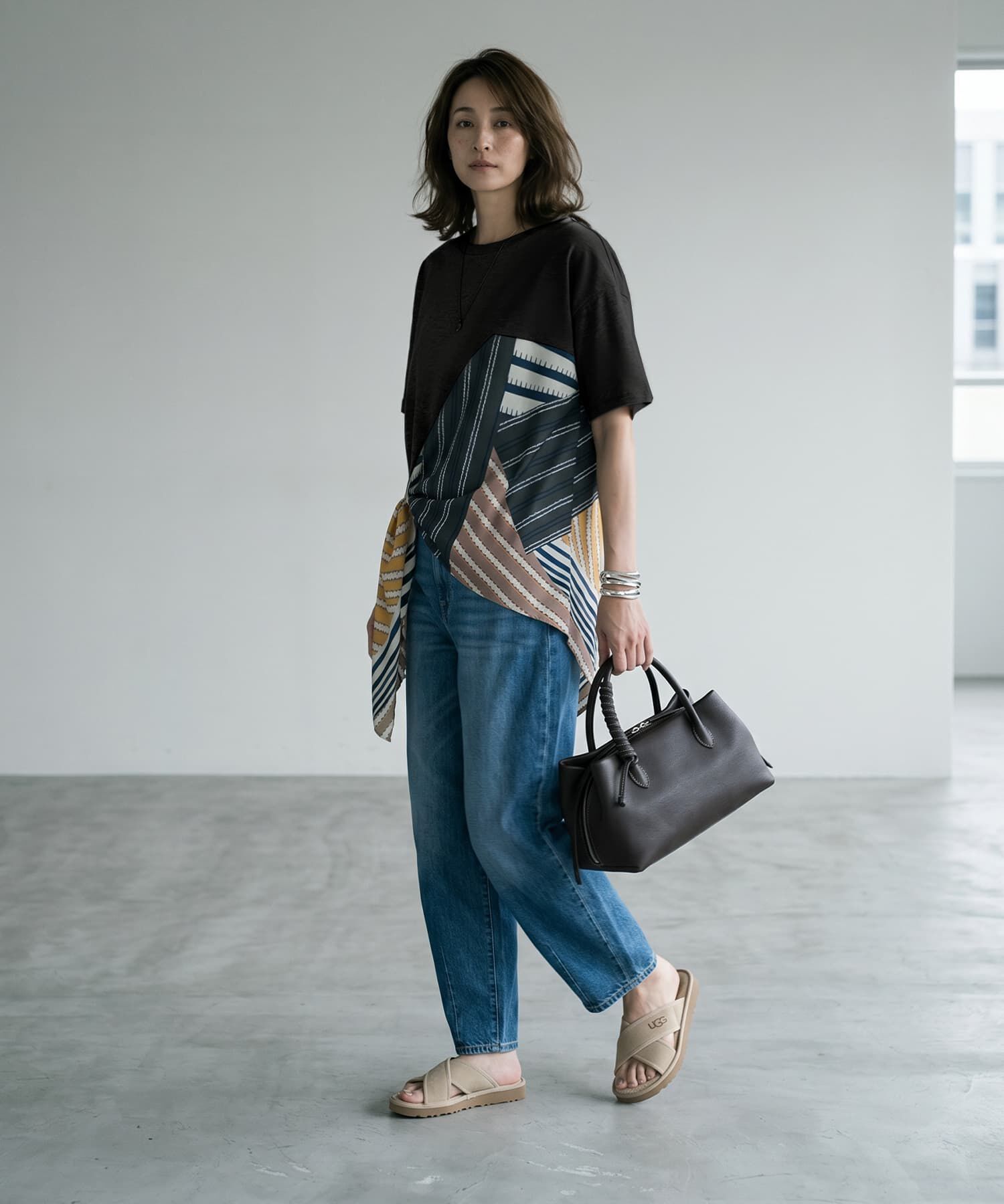 STYLE DELI「【BLK001】スカーフ柄パッチワークTシャツ」|Tシャツ・カットソー|