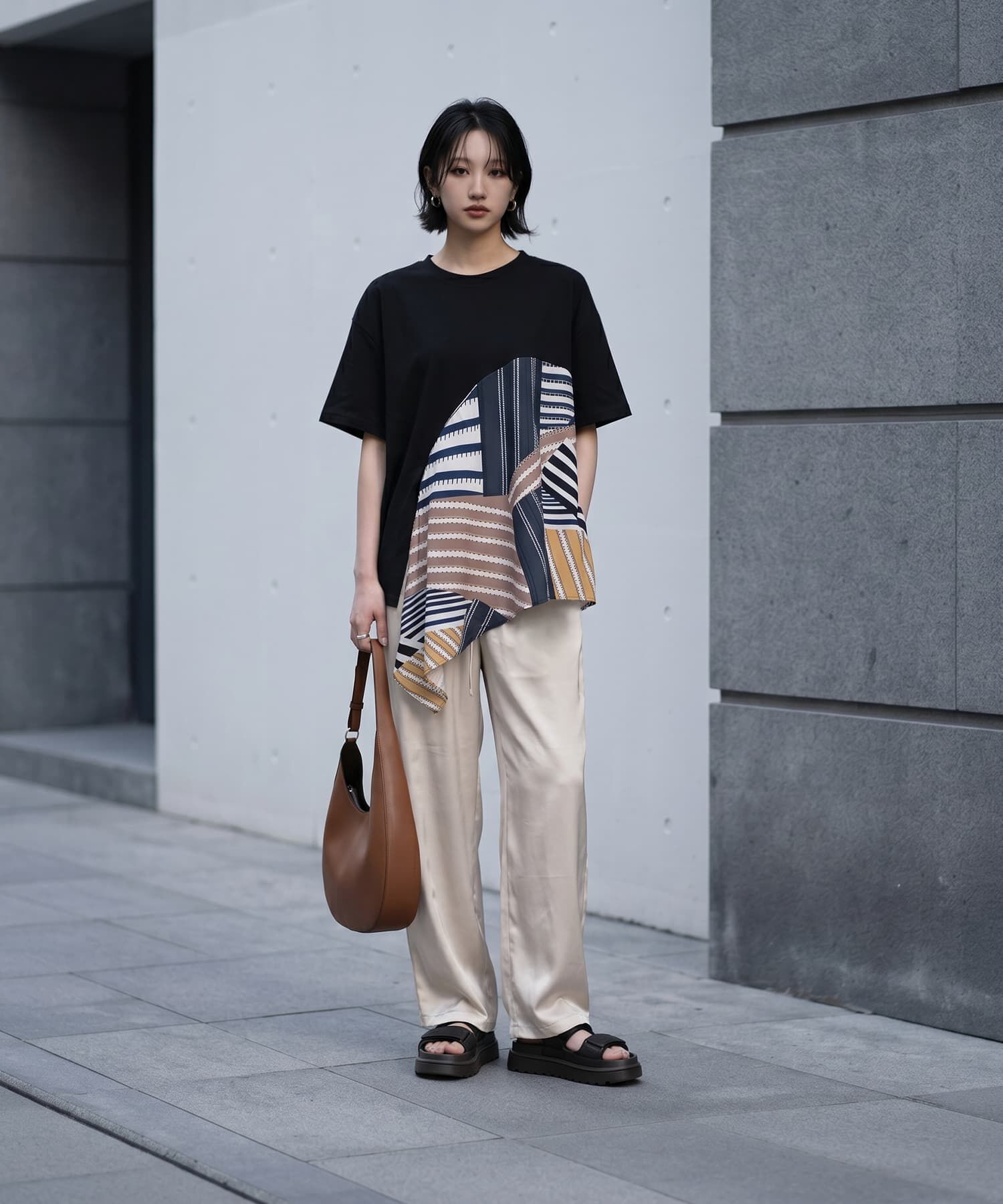 STYLE DELI「【BLK001】スカーフ柄パッチワークTシャツ」|Tシャツ・カットソー|