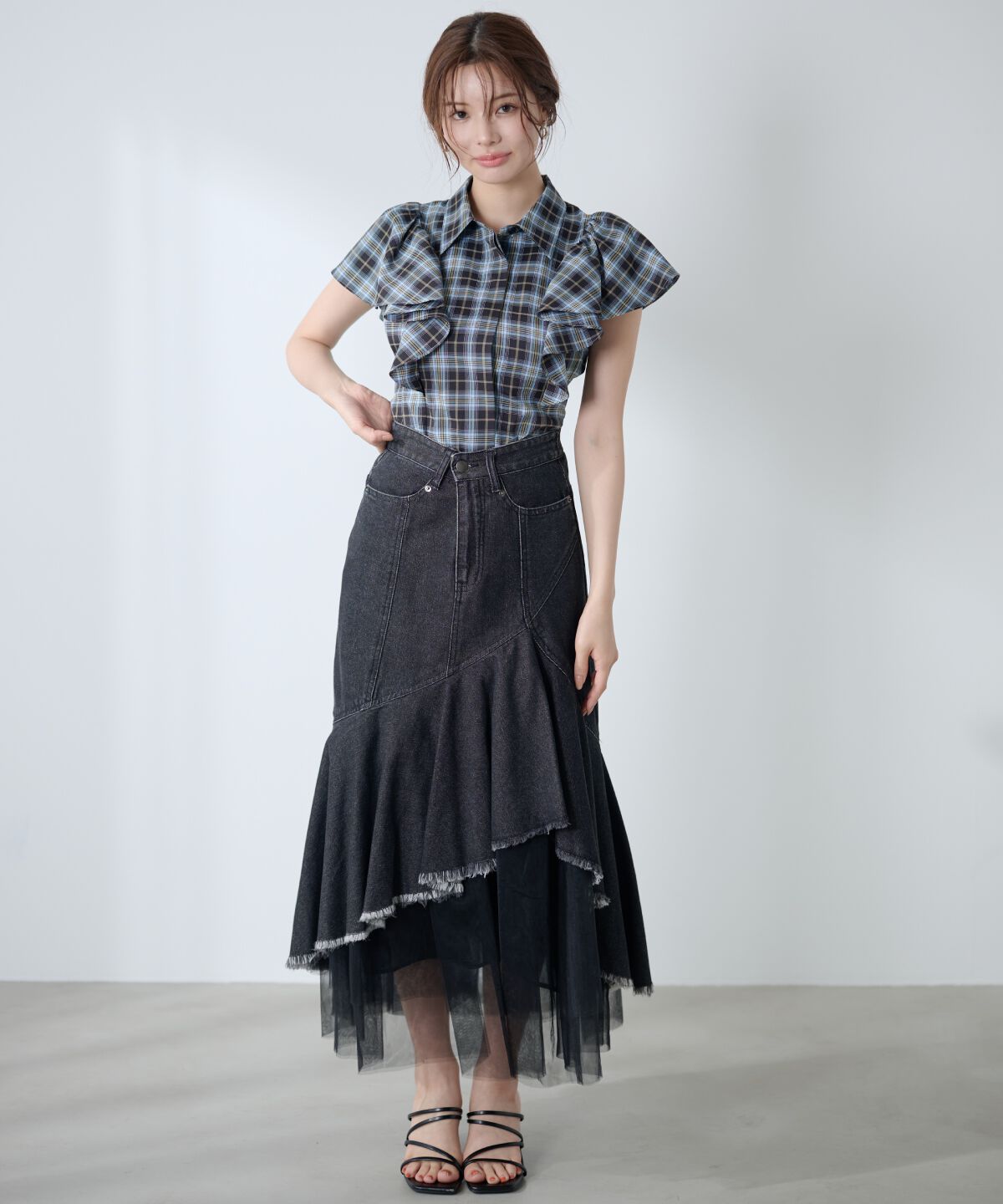 アンドクチュール「ラッフルスリーブチェックシャツブラウス」|シャツ・ブラウス|