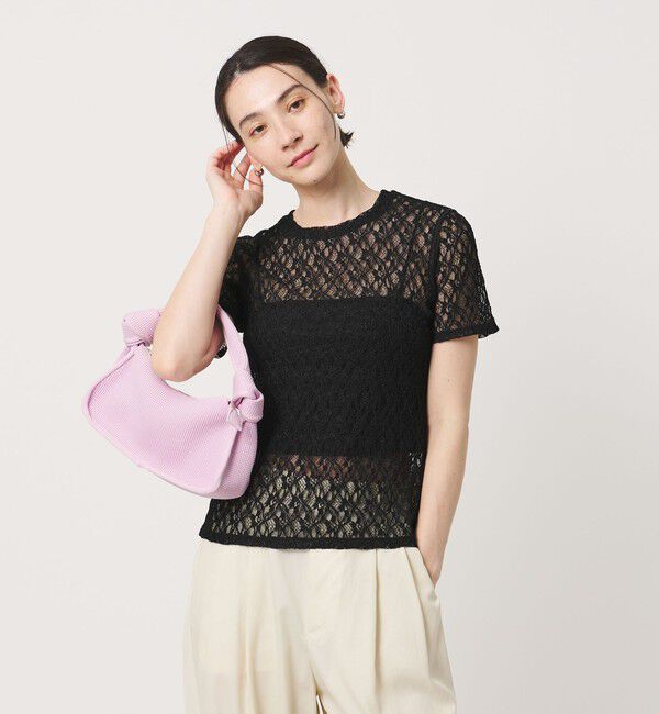 BEAUTY&YOUTH UNITED ARROWS「フラワーレース ショートスリーブ プルオーバー」|Tシャツ・カットソー|BLACK
