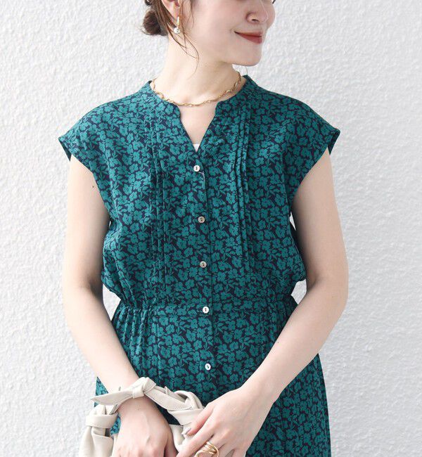 SHIPS for women「【WEB限定】〈洗濯機可能〉ドット 花柄 サイド プリーツ フレンチスリーブ ワンピース」|ワンピース|ダークグリーン