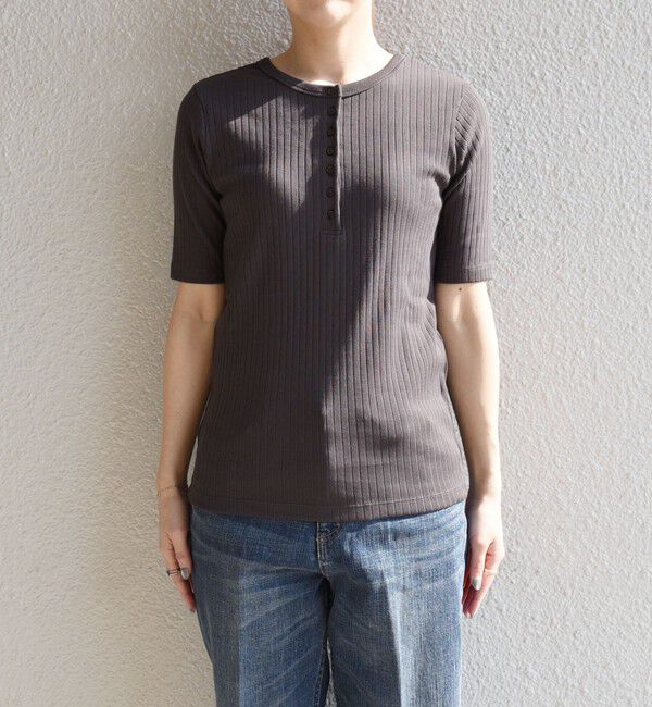 quaranciel「quaranciel:〈洗濯機可能〉テレコ リブ クルー ヘンリー 2way ハーフスリーブ TEE」|Tシャツ・カットソー|