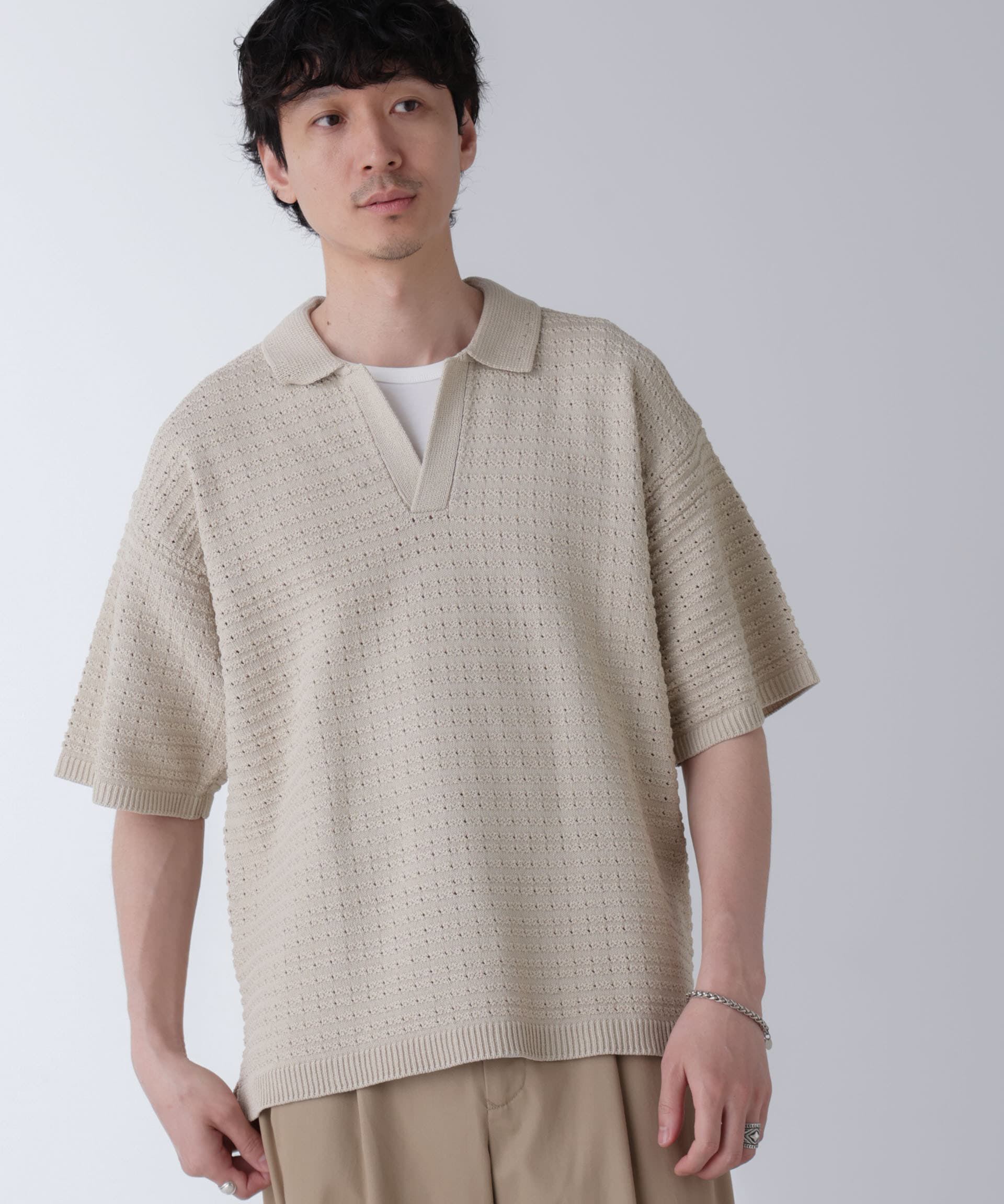 nano･universe「アイレットジャガードボーダーポロシャツ 半袖」|Tシャツ・カットソー|ライトベージ 1